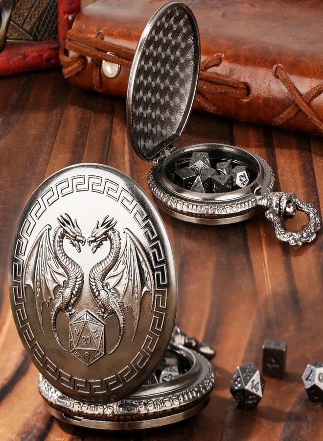 Keller & Weber Mini DND Dice Set with Steampunk Double Dragon Pocket Watch Case, Tiny 7-Piece Polyhedral Metal D&D Dice, DND Gifts with Gift Box, Role Playing Game Board Game Accessories Dice, Dark Silver - Image 3